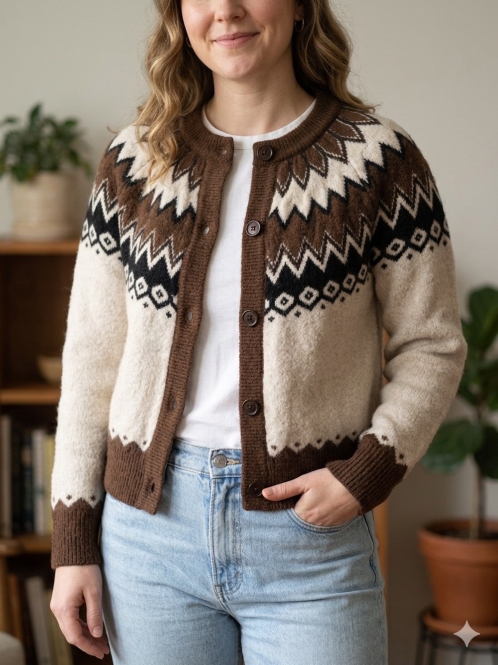 Joie Sz M Fair Isles Brown Cream Wool Blend Cardigan Sweater